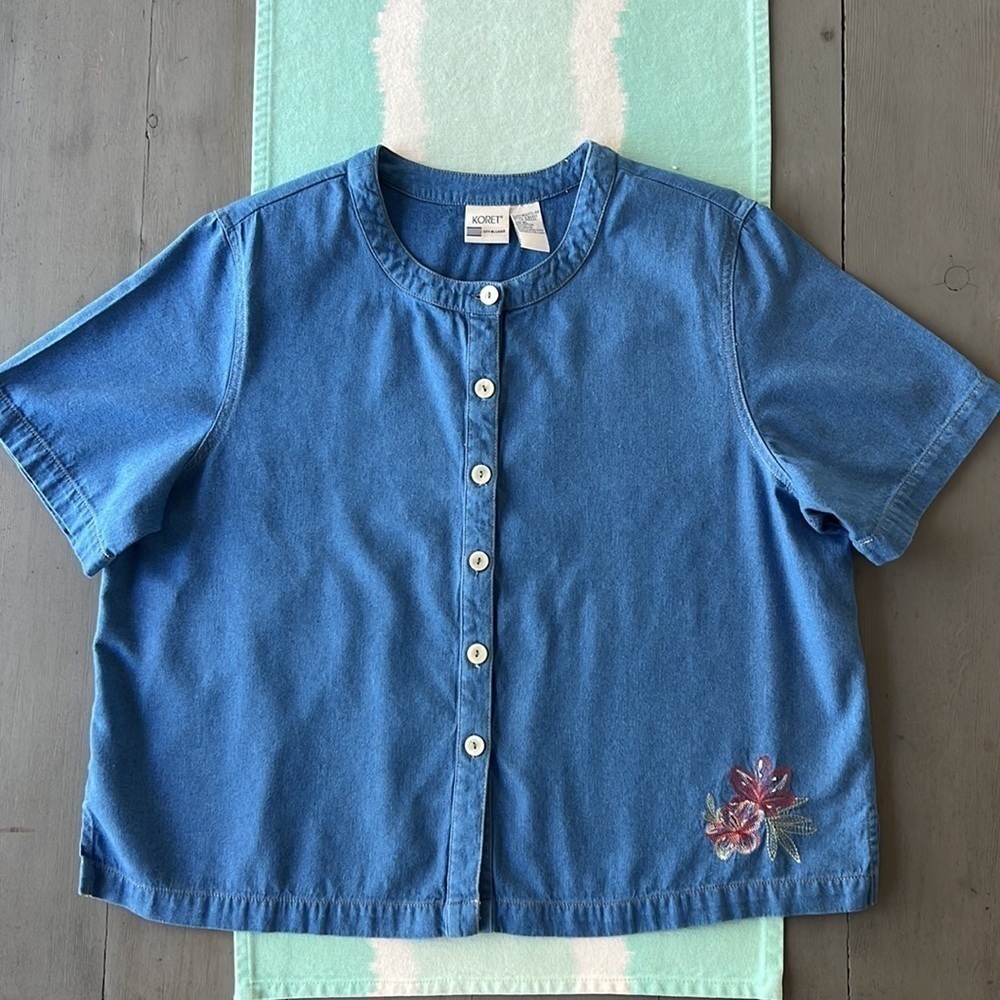 Vintage Koret City Blues Chambray Embroidered Beaded Palm Tree Button Down Top - Picture 5 of 11